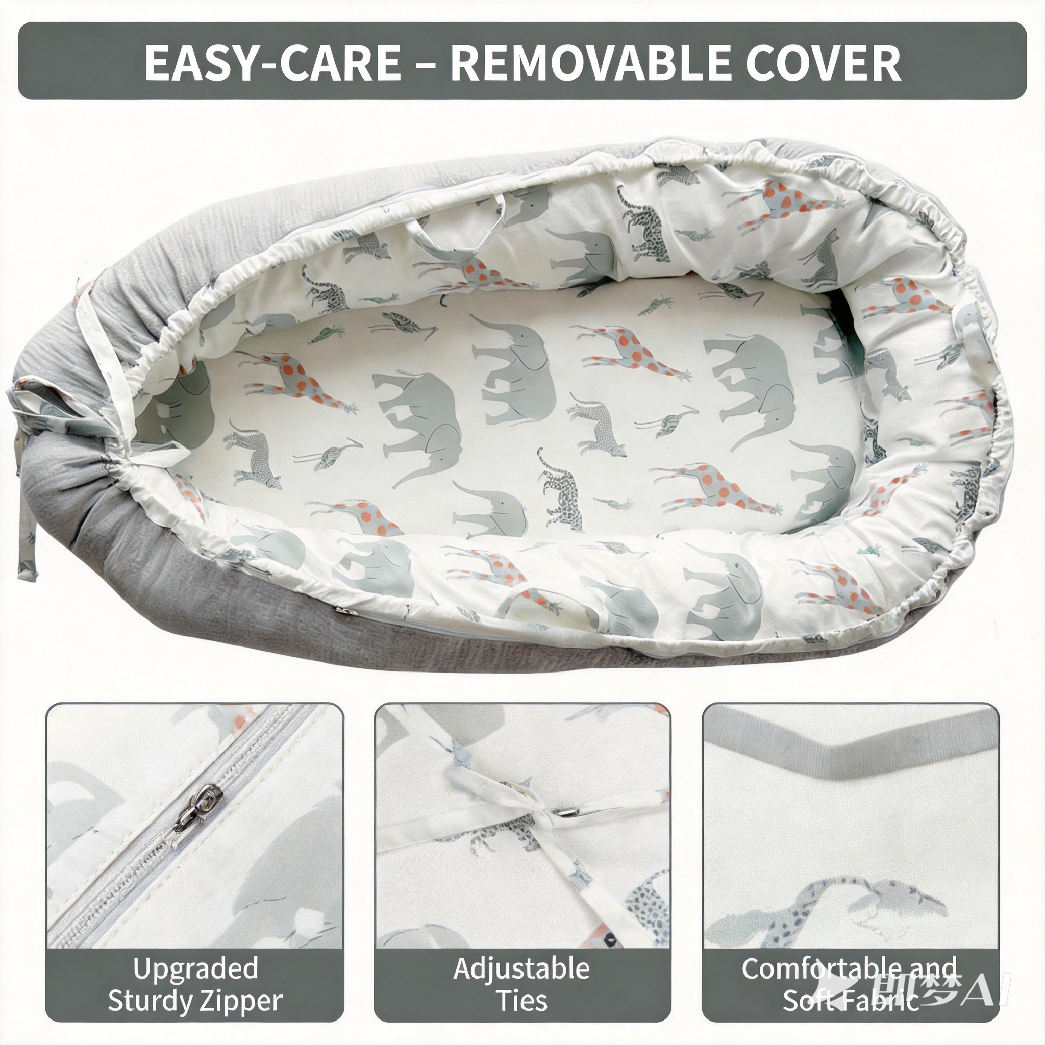 LADIDA Baby Nest Pod 100% Cotton, Soft Breathable & Washable | Ideal for infants aged 0–12 months, wraparound design delivers a cosy space for little boys and girls indoors (Grey Elephan)