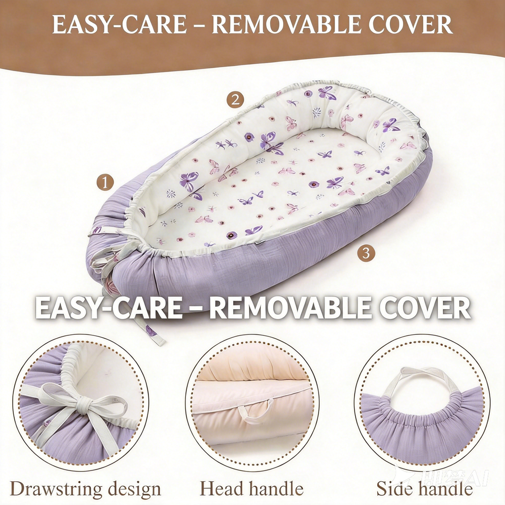 LADIDA Baby Nest Pod 100% Cotton, Soft Breathable & Washable | Ideal for infants aged 0–12 months, wraparound design delivers a cosy space for little boys and girls indoors (Lilac)