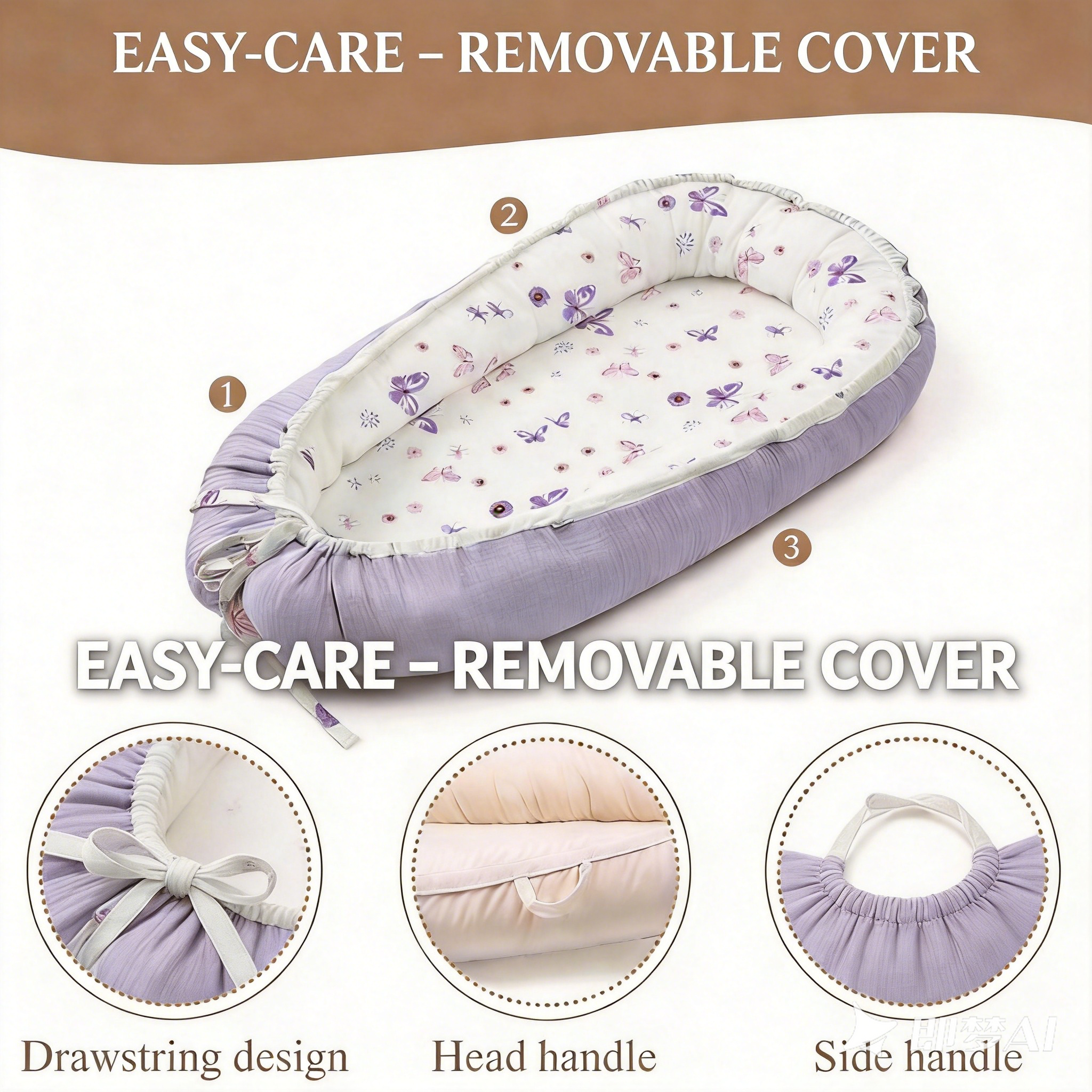 LADIDA Baby Nest Pod 100% Cotton, Soft Breathable & Washable | Ideal for infants aged 0–12 months, wraparound design delivers a cosy space for little boys and girls indoors (Lilac)