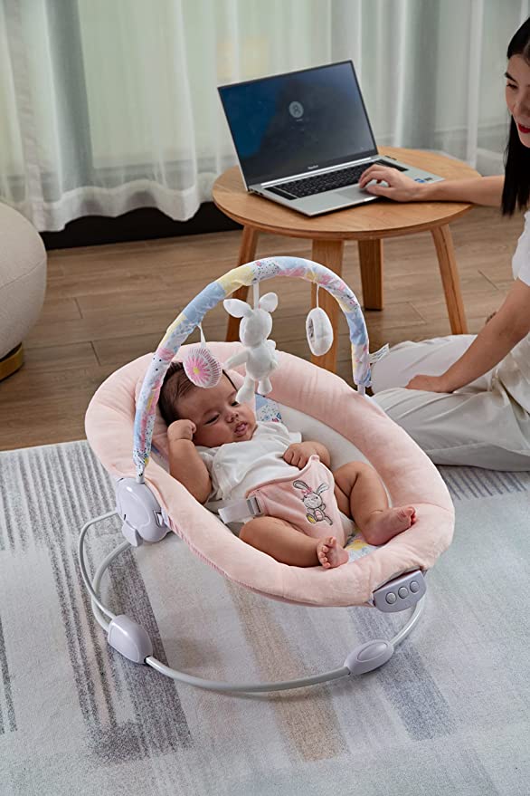 Spring Pink Flower Soft Padded Reclinable Baby Bouncer with Music, White Noise, Viberation Baby Bouncer - 76
