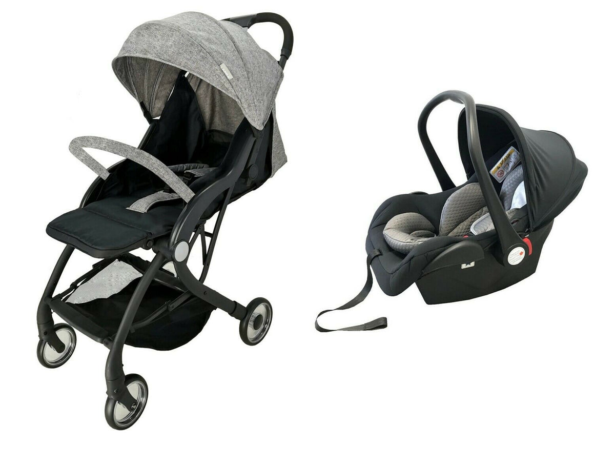 Grey Compact Lightweight Baby Pushchair with Car Seat.